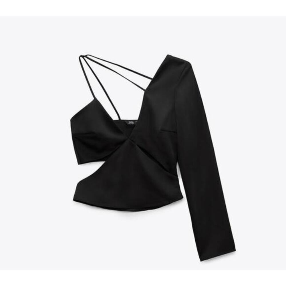 NWT Zara Womens Size Large Asymmetric Satin V-Neck One‎ Shoulder Blouse Black